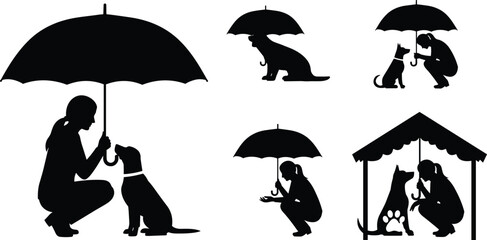 Animal sheltering and compassion silhouette illustration set, umbrella and roof protection poses, humane care concept vector, black and white graphic