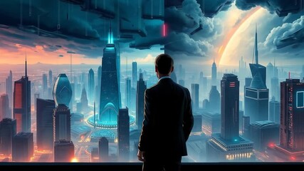 A futuristic city with a digital network and a businessman in a suit contemplating its design. 4k video - Powered by Adobe