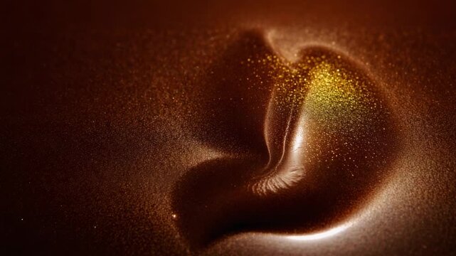 Spraying gold particles settling on glossy surface with scooped crease in studio, creating shimmer