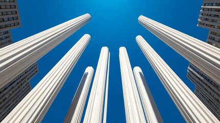 Towering white fluted architectural columns shot from a low angle, rising toward the bright blue sky and framed by city buildings.