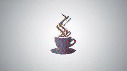 Glitch starting, cup-saucer icon shifting RGB on gray backdrop, pixel noise, three wavy steam lines - Powered by Adobe