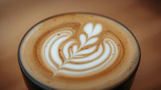 Showing camera framing centered dark-rimmed latte cup resting on wood table, showcasing rosetta art