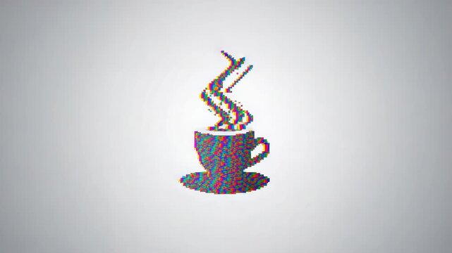 Glitch starting, cup-saucer icon shifting RGB on gray backdrop, pixel noise, three wavy steam lines