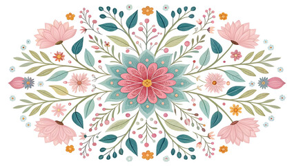 Obraz premium Ornate folk flower pattern with delicate pastel blossoms and green foliage isolated on transparent background