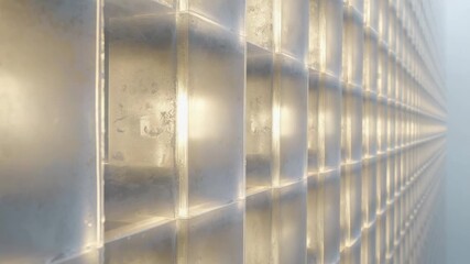 Panning camera right along glass block wall, revealing grid, glowing lights, smudges, haze - Powered by Adobe