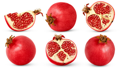 Collection of ripe fresh pomegranates with shadow isolated. Whole pink pomegranate, half of...
