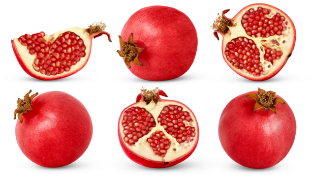 Collection of ripe fresh pomegranates with shadow isolated. Whole pink pomegranate, half of pomegranate and cut in a slice of pomegranate with red seeds over white background.