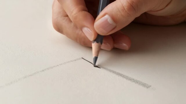 Placing sharp graphite pencil at guide V, right hand drawing line on desk paper, defining corner