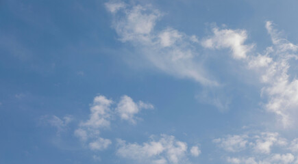Fototapeta premium Nature sky blue background, clear sky, clouds, sunny day, winter morning, natural landscape, summer afternoon daylight, spring horizon.