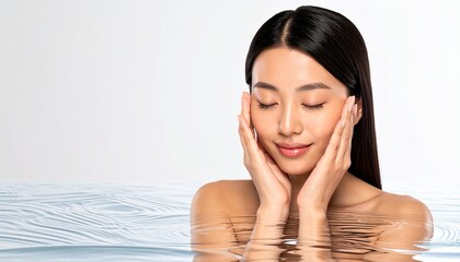 【スキンケア】化粧品で肌の保湿をする美容モデル：潤い