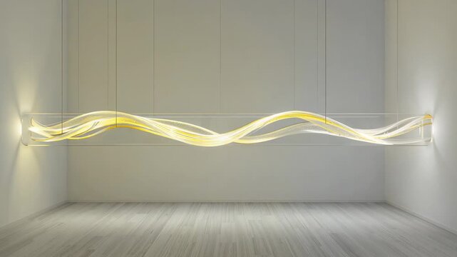 Reacting to initial blue pulse, ribbon sculpture on wires shifting colors in gallery casting glow