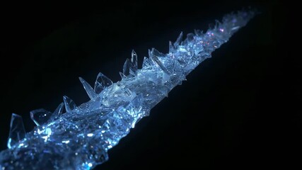 Tracking camera gliding along crystalline ridge, revealing jagged shards in dark studio, blue light - Powered by Adobe