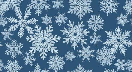 Snowflakes in various shapes on dark blue background, pattern  