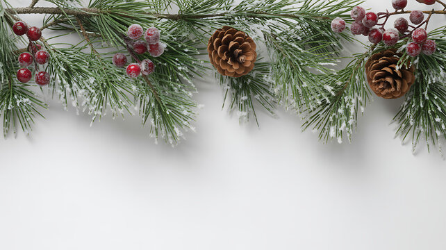 Snowy winter garland with frosted pine, red berries and cones. - Powered by Adobe