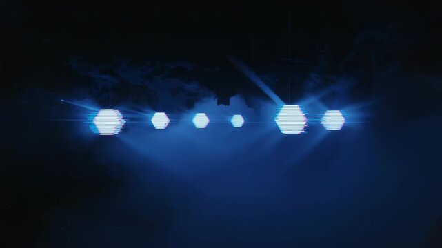 Opening six-hex blue light row pulsing in dark field with flares, scanlines, creating sci-fi mood