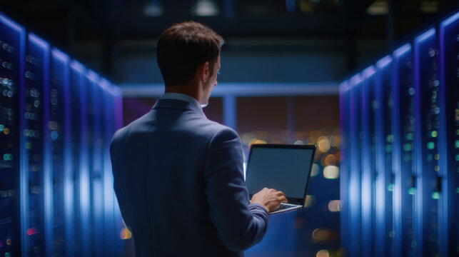 Professional engineer in server room monitoring laptop and smiling at work
