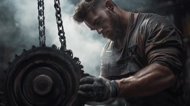 A muscular and handsome male worker using a chain hoist to lift a heavy engine part in an industrial setting, featuring gritty texture and visible dust.