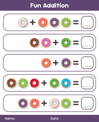 Game for children addition by counting donuts. Educational mathematical game. Addition game for children. Kids activity sheet. Template for addition