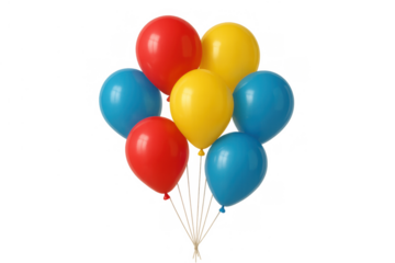 Group of vibrant red, yellow, and blue balloons rising, representing celebration, fun, event, and happiness with copy space