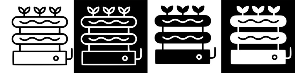 Four variations of a minimalist vertical farm icon design, illustrating innovative hydroponic systems for sustainable indoor plant cultivation and urban agriculture