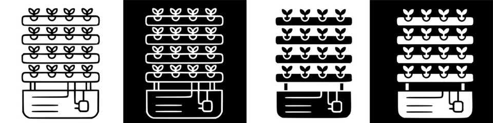 Four variations of vertical hydroponic systems with water circulation, displayed in black and white outline style