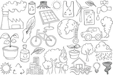 Climate change Related Doodle vector set. Drawing sketch illustration hand drawn line eps10