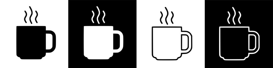 Four variations of a steaming coffee cup icon, presented in black and white and outline styles on contrasting backgrounds