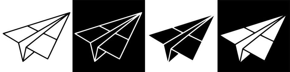 Four variations of a paper airplane icon in black and white, representing travel and communication