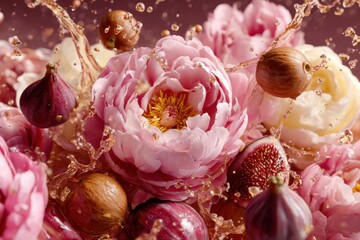Vibrant macro composition of pink peonies, fresh figs, and golden liquid splashes captured in dynamic motion, creating a luxurious, sensory, botanical scene.