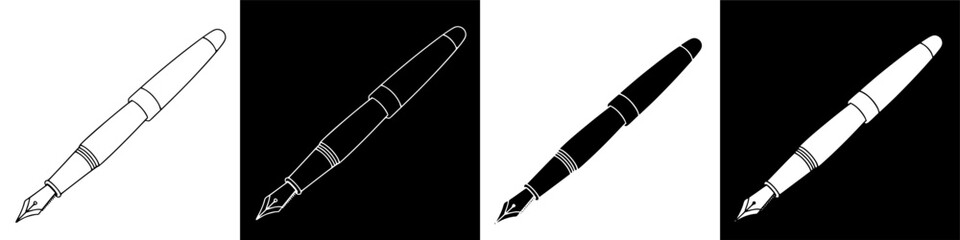 Four variations of a fountain pen in different color schemes Line art design