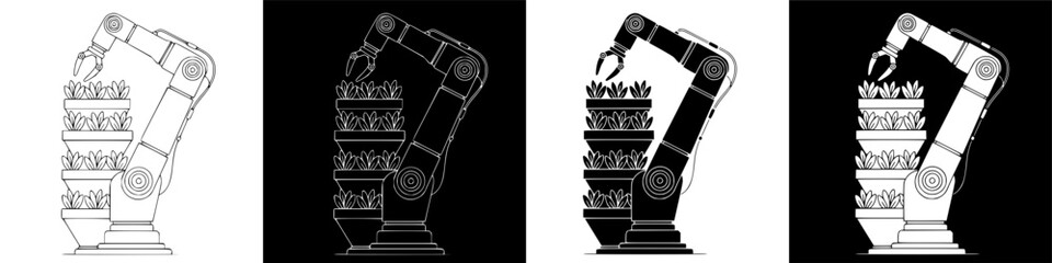Four variations of robotic arm placing objects a study in black, white, and line art