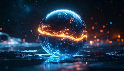 Luminous, celestial orb composed of blue and orange energy, floating in a dark expanse