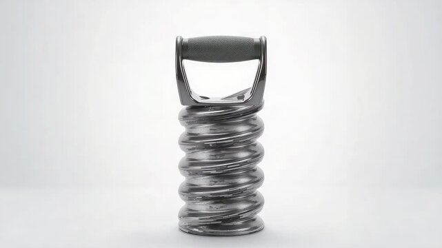 Lighting shifting metallic coil rotating slowly on white gradient studio surface, with dark handle