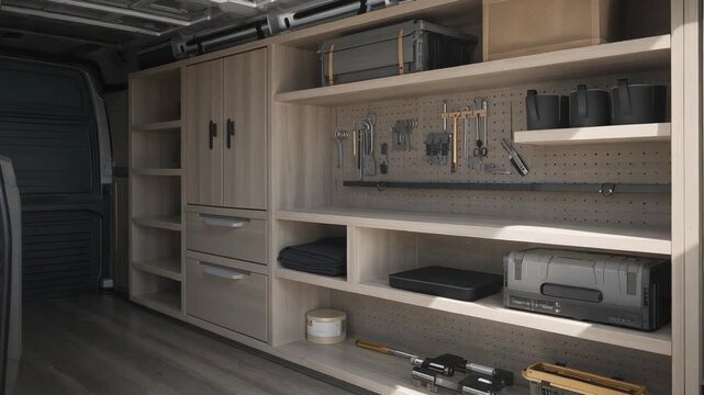 Gliding camera revealing light-wood cabinetry inside cargo van from open rear doors, showing layout
