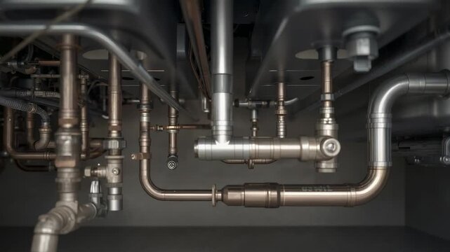 Filming camera capturing plumbing under sink while light shifting, showing drains, trap, outlet