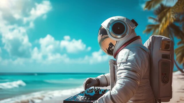 An astronaut operates a DJ setup on a beach while surrounded by palm trees and ocean waves on a sunny day