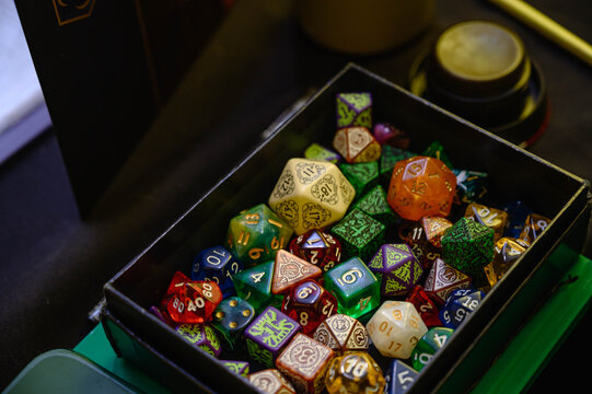 dice for RPG, DND or board games. Polyhedral dice d20 for fantasy games. Dice on game map.	