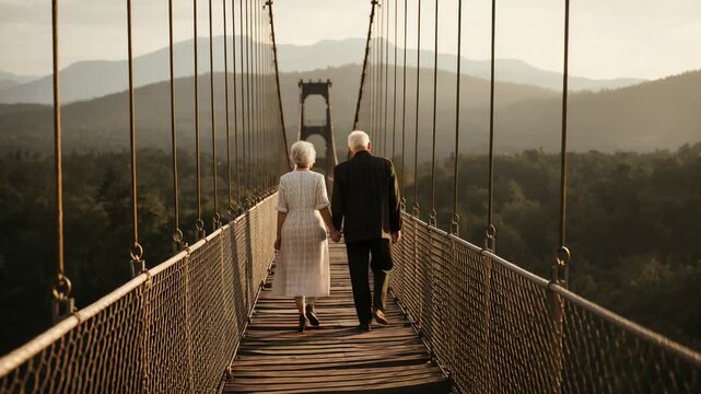 Starting senior pair walking suspension bridge to tower, woman in dress, man in jacket, wood planks