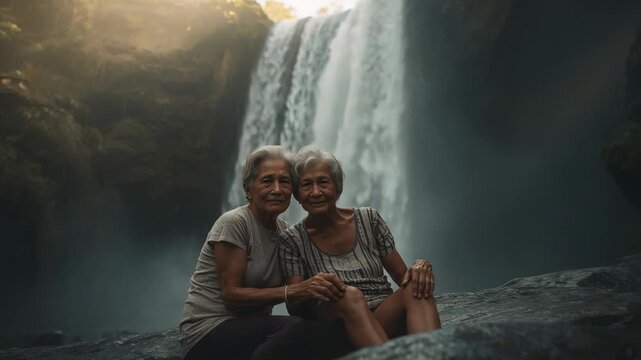Holding hands senior Asian women posing for camera at waterfall rock ledge, wearing short sleeves