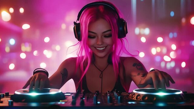 A lively DJ with pink hair mixes music in a crowded nightclub filled with bright lights and an upbeat crowd enjoying the night