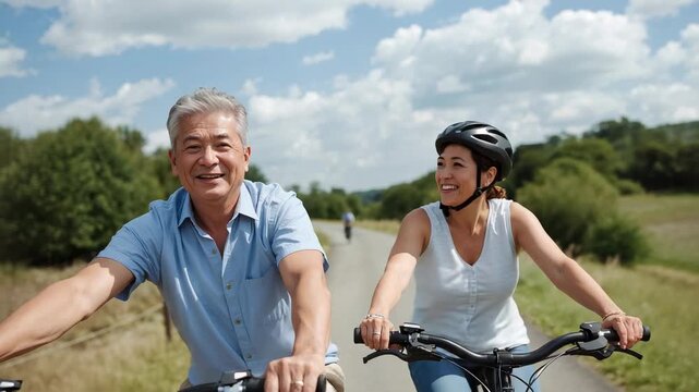 Pedaling senior couple glancing as camera nearing on rural path for fun with bikes and helmet