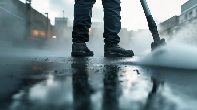A worker uses a pressure washer to clean a wet city street in the early morning, surrounded by buildings and mist