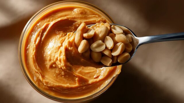 Creamy peanut butter with spoon and peanuts on top in a glass jar