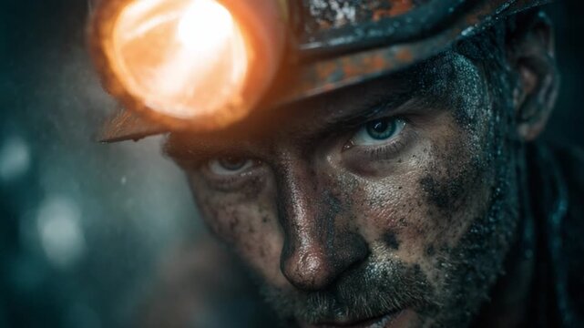A strong and handsome male miner emerging from a dark tunnel, illuminated by a glowing headlamp, with dust covering his face, highlighting the contrast of light and dark.