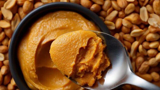 Rich and creamy peanut butter texture with peanuts background