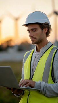 Young caucasian male engineer with laptop inspecting wind farm at sunset