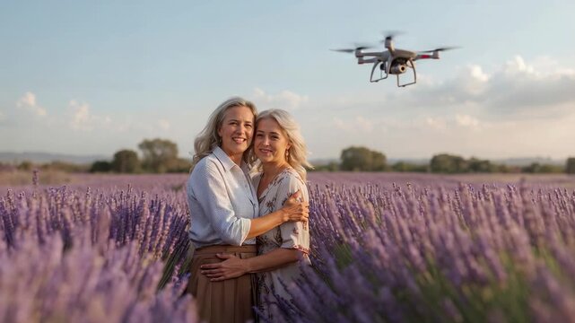 Smiling mother and daughter in blue, floral tops embracing in lavender rows, drone coming to film