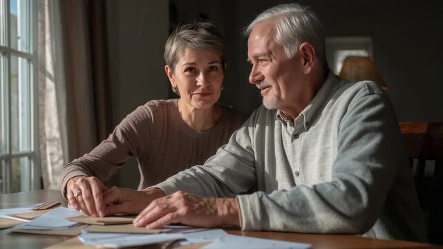 Sorting senior couple responding to stack of mail, reviewing envelopes at wooden dining table