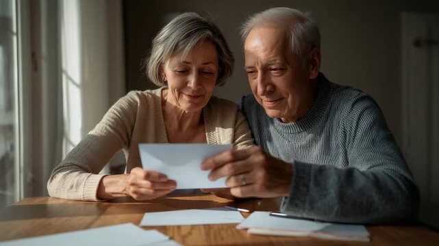 Reaching senior couple leaning, turning and reading white envelope at home table, sorting mail