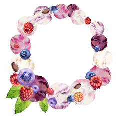 Mint leaves garnish for berry and fruit gelato scoops, fresh ripe blueberries and raspberries. Isolated wreath frame illustration hand drawn in watercolor. Frozen treat design, eco snack branding